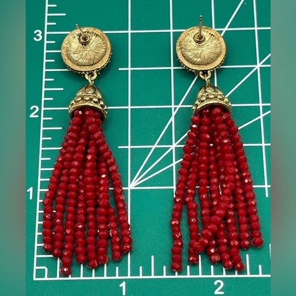 Red Drusey Gold Tone Earrings with Sparkling Long Beaded Tassels Rich Red Color - Picture 9 of 9